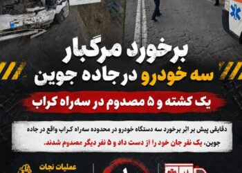🚨 برخورد مرگبار سه خودرو در جاده جوین / یک کشته و ۵ مصدوم در سه‌راه کراب